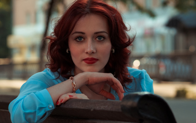 Red haired woman portrait blue #4 free wallpaper for desktop - medium preview image