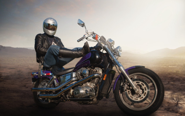 Man motorcycle desert mountains helmet free wallpaper for desktop - medium preview image