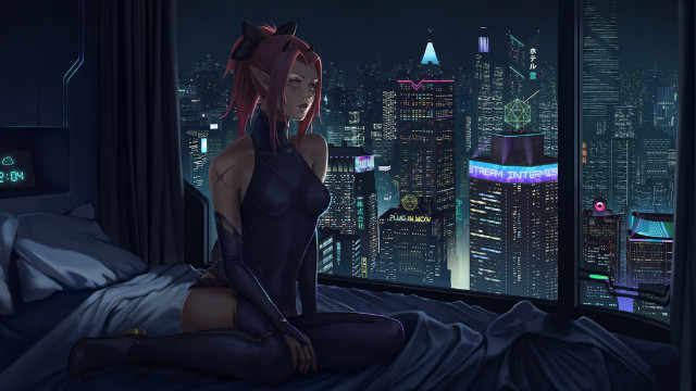 Cyberpunk astral cityscape night window free wallpaper for desktop - medium preview image