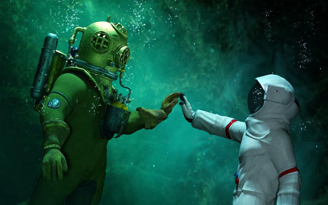 Diving suit robot underwater scene free wallpaper for desktop - medium preview image