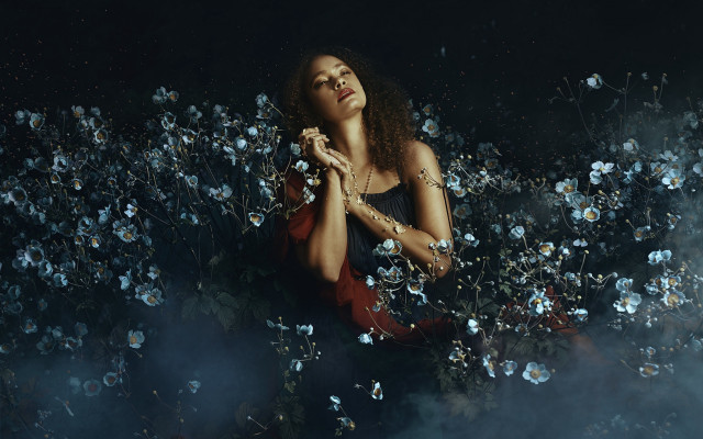 Flower field woman astronaut moon free wallpaper for desktop - medium preview image