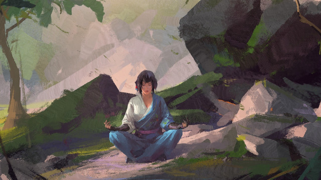 Woman forest mountain kimono sitting free wallpaper for desktop - medium preview image