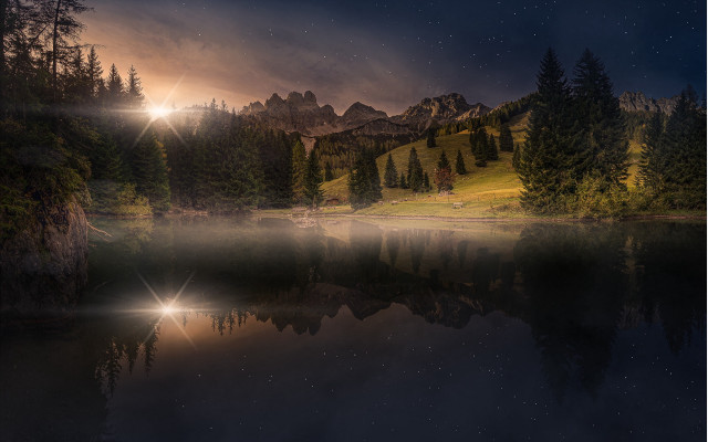 Lake mountains trees night cloudy free wallpaper for desktop - medium preview image