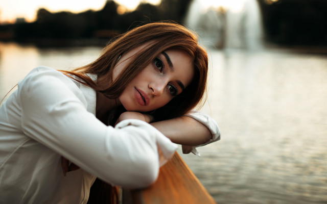 Woman lake fence white shirt free wallpaper for desktop - medium preview image