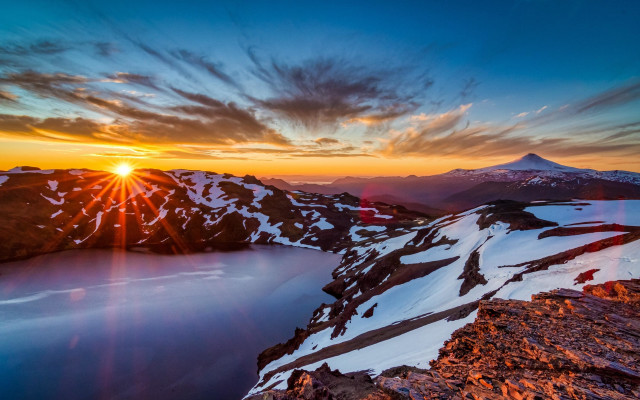 Mountain lake sunset snowy background free wallpaper for desktop - medium preview image