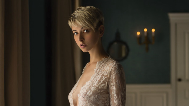 Woman white dress blue wall #2 free wallpaper for desktop - medium preview image