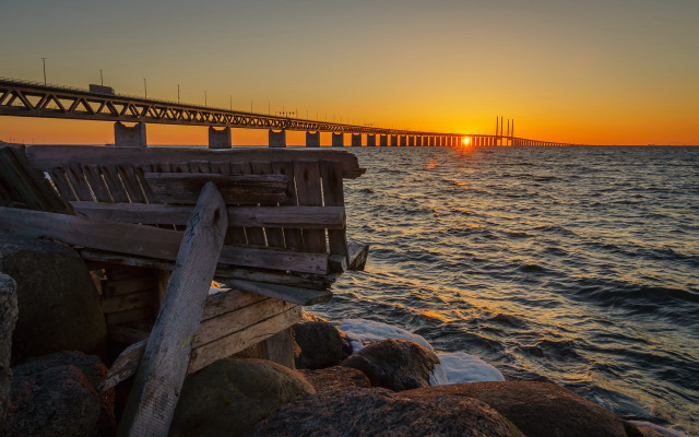 Bench shore sunset bridge boat free wallpaper for desktop - medium preview image
