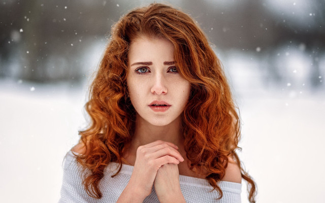Red haired woman snow prayer free wallpaper for desktop - medium preview image