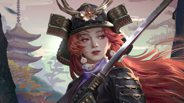 Woman sword helmet horns red free wallpaper for desktop - medium preview image