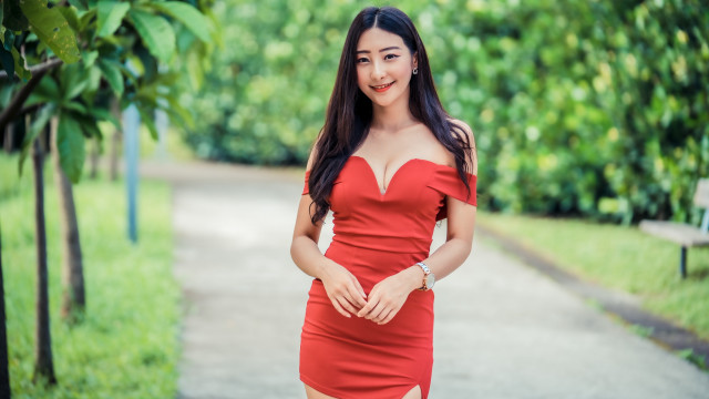 Red dress park portrait bokeh free wallpaper for desktop - medium preview image