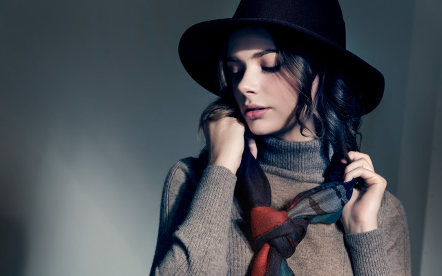 Woman hat scarf sweater painting free wallpaper for desktop - medium preview image