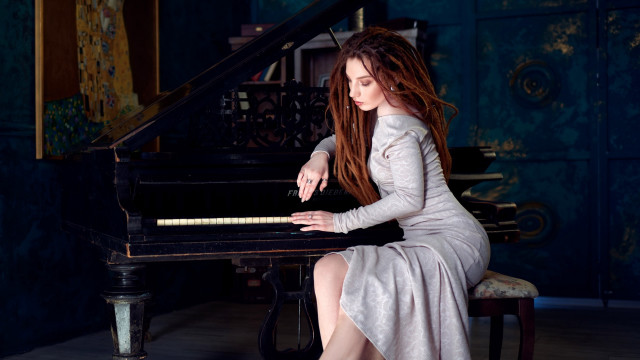 Woman piano white dress long free wallpaper for desktop - medium preview image