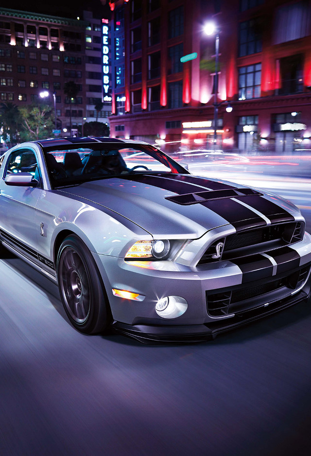 Silver mustang city street night free wallpaper for mobile - medium preview image