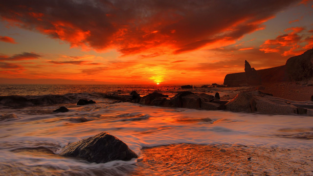 Sunset ocean waves rocks lighthouse #3 free wallpaper for desktop - medium preview image