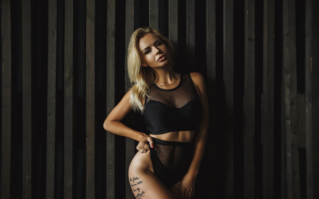 Black lingerie arabesque blonde tattoo free wallpaper for desktop - medium preview image