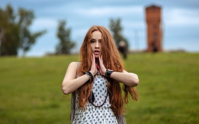 Red haired woman field bokeh #2 free wallpaper for desktop - medium preview image