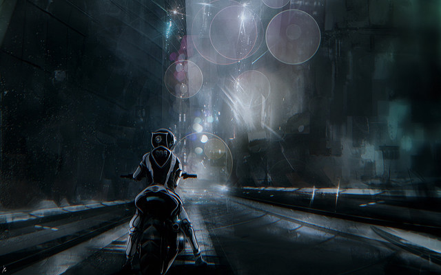 Motorcycle night astronaut city lights free wallpaper for desktop - medium preview image