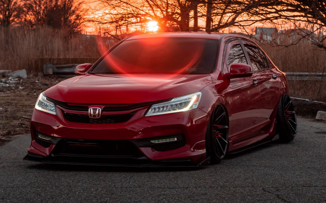 Red car sunset road trees free wallpaper for desktop - medium preview image