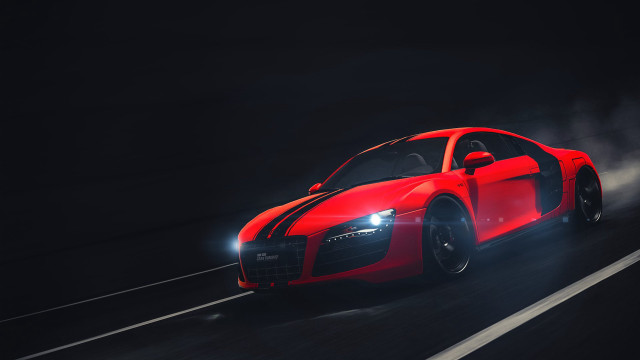 Red car smoking dark road free wallpaper for desktop - medium preview image