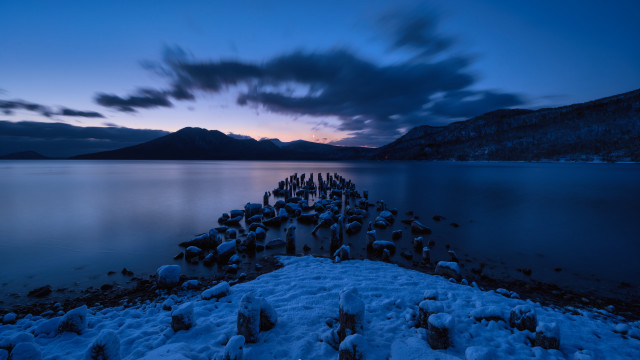 Snowy pier mountains night clouds free wallpaper for desktop - medium preview image
