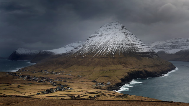 Mountain snow capped village coast free wallpaper for desktop - medium preview image