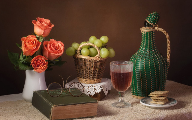 Vase flowers wine fruit book free wallpaper for desktop - medium preview image