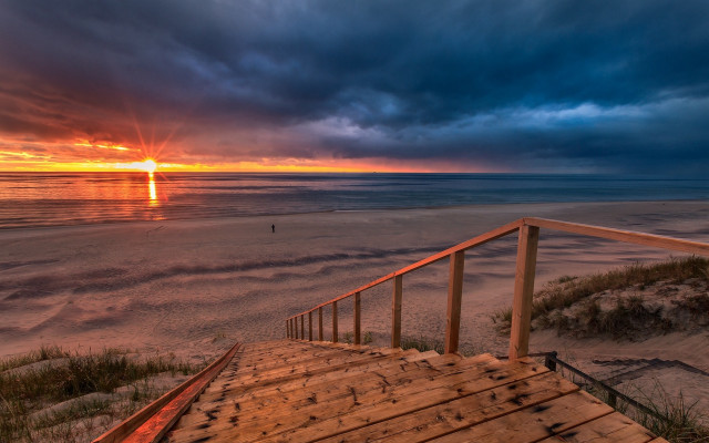 Wooden staircase beach sunset cloudy free wallpaper for desktop - medium preview image