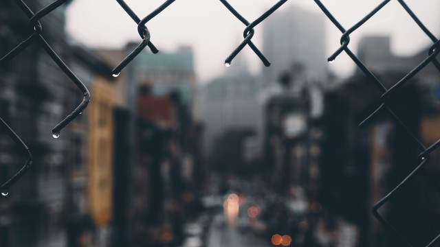 Wet city street rain fence free wallpaper for desktop - medium preview image