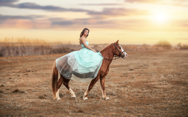Woman horse dress sunset magical free wallpaper for desktop - medium preview image