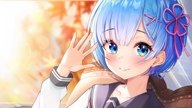 Blue hair girl waving autumn free wallpaper for desktop - medium preview image