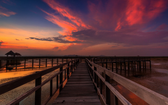Wooden pier sunset clouds mystical free wallpaper for desktop - medium preview image