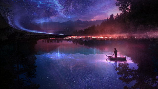 Night sky starry mountains lake free wallpaper for desktop - medium preview image