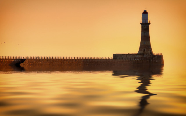 Lighthouse fence sunset impressionism matte free wallpaper for desktop - medium preview image