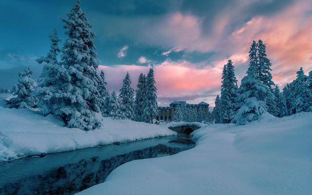 River snow bridge clock matte free wallpaper for desktop - medium preview image