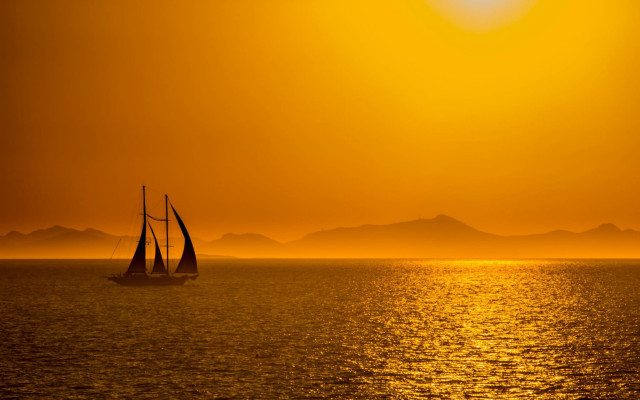 Sailboat ocean sunset mountains gradient free wallpaper for desktop - medium preview image