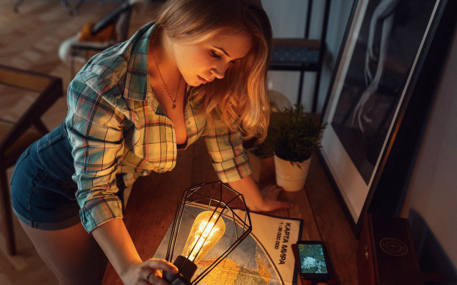 Woman map lightbulb cellphone plaid free wallpaper for desktop - medium preview image
