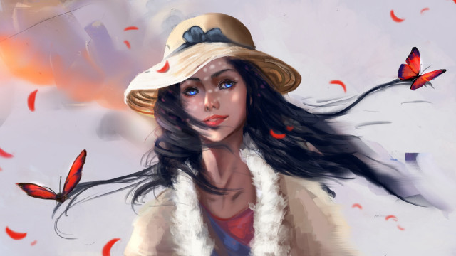 Woman hat butterfly white jacket free wallpaper for desktop - medium preview image