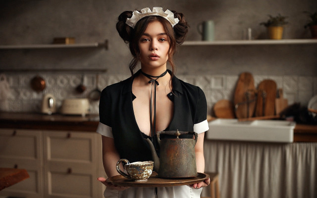 Maid tray tea kettle cosplay free wallpaper for desktop - medium preview image