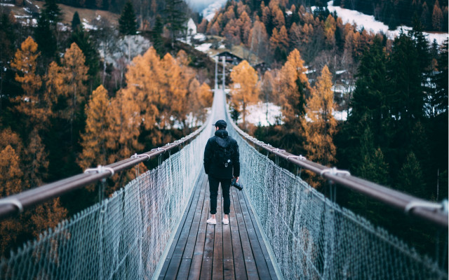 Mountain bridge autumn nature cinematic free wallpaper for desktop - medium preview image