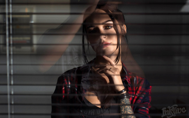 Tattooed woman window blinds portrait free wallpaper for desktop - medium preview image