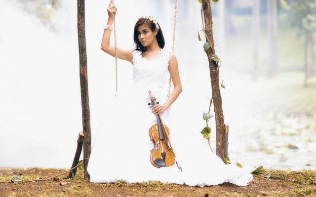 Woman white dress violin forest #2 free wallpaper for desktop - medium preview image