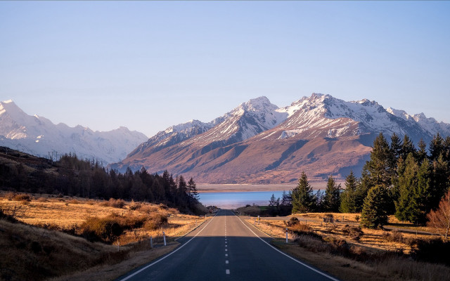 Mountain lake road forest trees free wallpaper for desktop - medium preview image