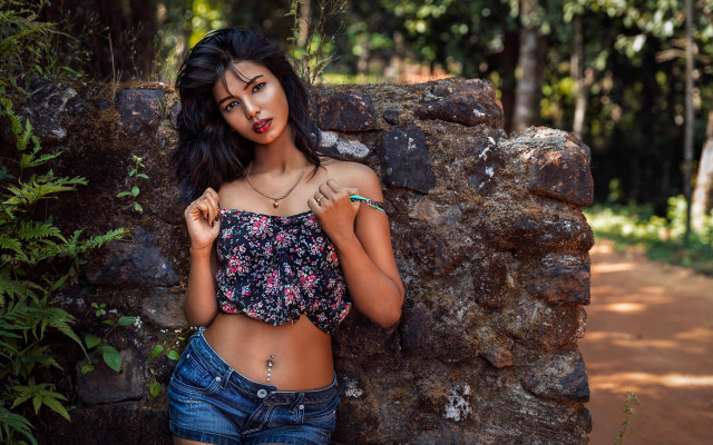 Woman stonewall trees bushes christmas free wallpaper for desktop - medium preview image