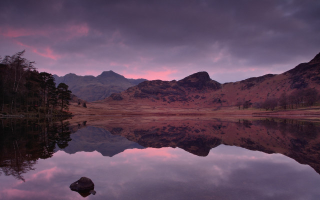 Mountain lake sunset clouds cityscape free wallpaper for desktop - medium preview image
