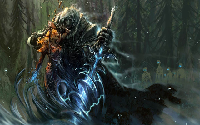 Fantasy forest man sword dog free wallpaper for desktop - medium preview image