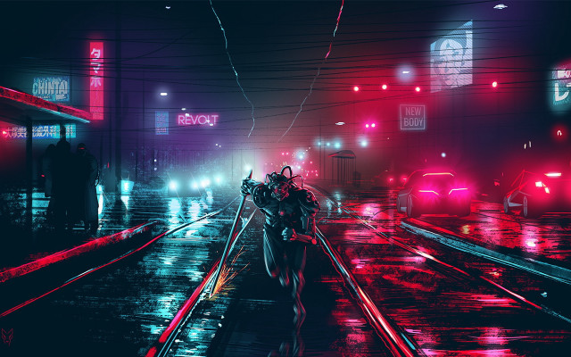 Neon cyberpunk traintrack night skyline free wallpaper for desktop - medium preview image