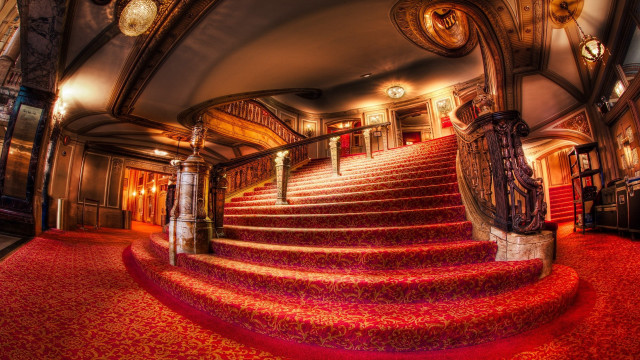 Red carpeted staircase large room free wallpaper for desktop - medium preview image