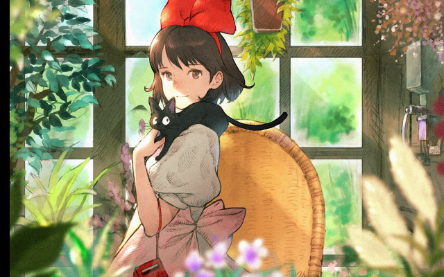 Girl cat blush bow window free wallpaper for desktop - medium preview image