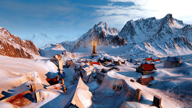 Snowy mountain village light pole free wallpaper for desktop - medium preview image