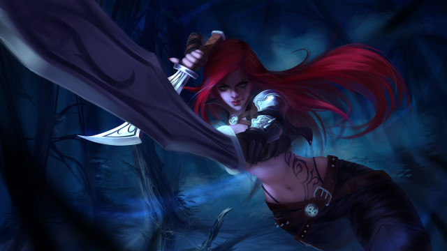 Redhair sword woman forest fantasy free wallpaper for desktop - medium preview image